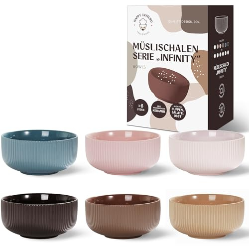 Happy Lemuro Müslischalen Set | 6 x 750 ml | Groß | Für Suppen, Müsli, Ramen - Suppenschüssel Groß - Keramik Schüssel Set - Bowl Schüssel Keramik - Suppenschalen - Schale Keramik