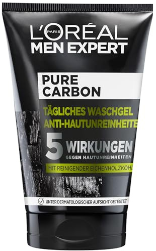 L'Oréal Men Expert tägliches Waschgel gegen unreine Haut für Männer, Gesichtsreinigung gegen Mitesser und Pickel Unreinheiten, Herren Cleanser für das Gesicht mit Kohle, Pure Carbon, 1 x 100 ml