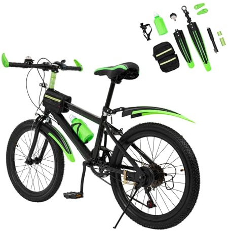 ROGONPDK 20 Zoll Kinderfahrrad Mountainbike, 7 Gang Kinderfahrrad für Jungen und Mädchen mit Trinkflasche, Aufbewahrungstasche, Kompassglocke, Kohlenstoffstahl Fahrrad, Tragfähigkeit: 85 kg (Grün)
