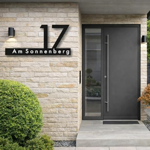 Hausnummernschild City von EDS-Werbemedien - Hochwertiges Hausnummer Schild in Edelstahl-Design - Individuell personalisierbares Haus Nummernschild aus UV- und witterungsbeständigem Material