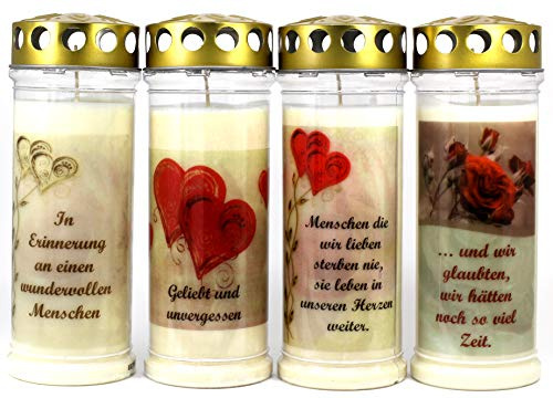 Grablichtkerze 4er Set mit 21x7,5 cm und ca. 7 Tage Brenndauer | Grabkerze mit Motiv und Spruch | Trauerkerze mit Foto und Spruch | 3788