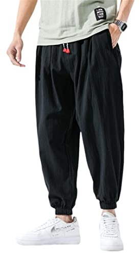 Japanische Kimono Freizeithose lose Harajuku Hose Japan Herren Traditionelle bestickte asiatische Kleidung Yukata Stil Harem Kostüm schwarz L