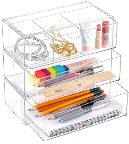 Huucozn 3 Stück Acryl Schmink Organizer Schminktisch Make up Organizer Kosmetik Makeup Organizers Schubladen Stapelbarer Kosmetikaufbewahrung Kosmetik Aufbewahrung Badorganizer für Kommode bad