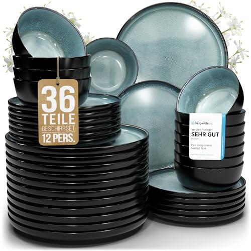 Steingut Geschirrset 12 Personen Ibiza 36 tlg. Traumhaftes Mediterranes Steingut Geschirr Set, Schüssel- und Teller Set, Tafelservice 12 Personen, Geschirrsets Pure Living in Petrol