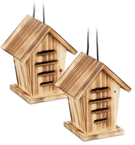 Relaxdays Marienkäferhaus 2X, Marienkäferhotel Garten, zum Aufhängen, Holz unbehandelt, Insektenhotel Marienkäfer, braun