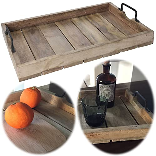 LS-LebenStil XXL Mango-Holz Serviertablett 56x39x8cm Griff-Tablett Betttisch Betttablett Holztablett Küchentablett Frühstückstablett mit Griffen