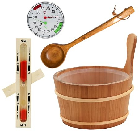 HAF Saunakübel Set Thermo Espe 4 Liter mit Einsatz, 40cm Saunakelle Komu-Holz, Sanduhr und Klimamesser | Feuchtigkeitsresistenter Aufgusseimer | Hochwertiges Sauna Zubehör | Qualität: Made in Germany