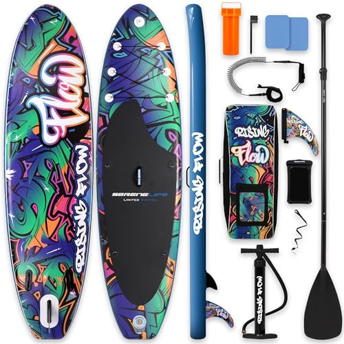 SereneLife Aufblasbares Stand Up Paddle Board (15,2 cm dick) mit Premium SUP Zubehör & Tragetasche | Breiter Stand, Bodenflosse für Paddling, Anti-Rutsch Deck | Jugendliche & Erwachsene Standboot