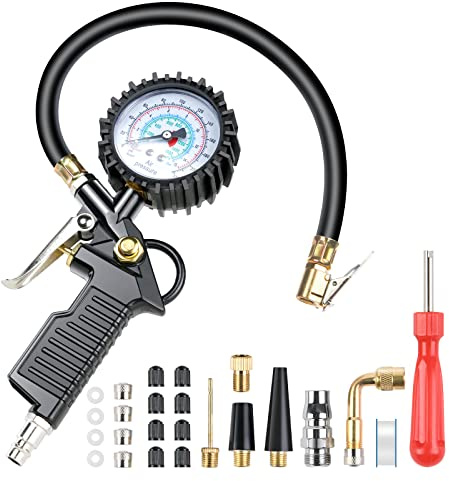 VSSHE Reifenfüll-Messgerät, 220PSI Multifunktional Luftdruckprüfer mit Ventil Kern Werkzeug, Kompressor Zubehör, Digitaler Reifendruckprüfer für Auto Motorrad Fahrrad LKW