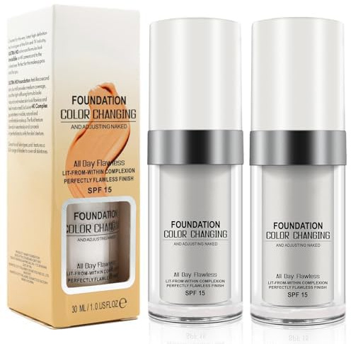 2PCS Farbwechselnde Foundation, Concealer Abdeckung Makellose Color Changing Foundation Grundierung Versteckt Falten und Linien, Feuchtigkeitsspendende Flüssige Make up Cream für Ganzen Tag, SPF15