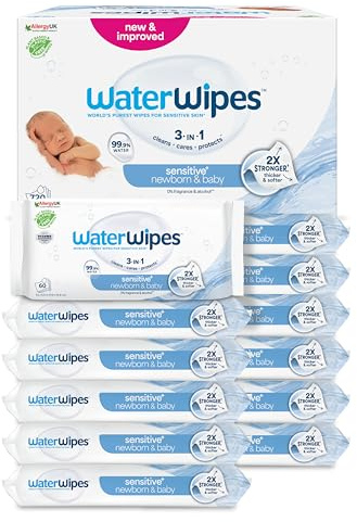 WaterWipes Sensitive+ Newborn & Baby Wipes, Feuchttücher für Neugeborene und Babys, 720 Stück (12 Packungen), 3-in-1-Reinigung, Pflege, Schutz, 99,9% Wasser, parfümfrei
