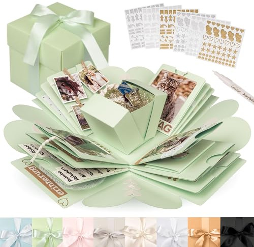 weddlyn® – Überraschungsbox – hochwertiges Papier & Verarbeitung – Explosionsbox mit modernen Stickern und Stift – Überraschungsboxen – Bilderbox inkl. Anleitung – mint (matt)