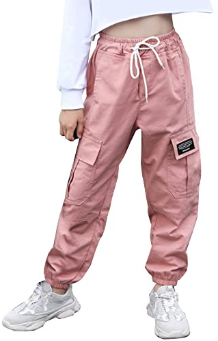 SEAUR Cargo Hose Mädchen Hip Hop Sporthose mit Gummibund Taschen Jogginghose Freizeithose mit Kordelzug Trainingshose Sport Freizeit Streetwear - 130-122/128