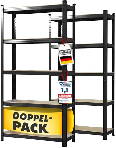 Floordirekt Schwerlastregal, 2er Set, schwarz 150 x 75 x 30 cm Steckregal, Kellerregal, Lagerregal, Werkstattregal, Werkbank - 5 verstellbare Böden (Lakota)
