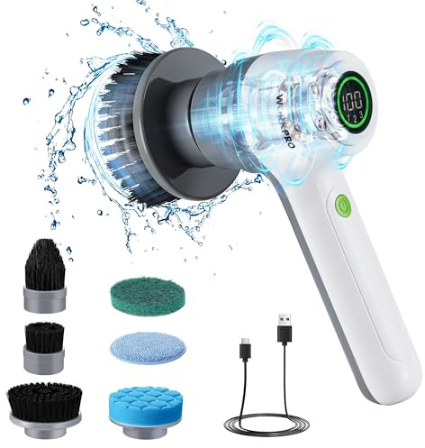 WORKPRO Elektrische Reinigungsbürste 8V, Akku Reinigungsbürste kabellos Spin Scrubber mit 6 Bürstenköpfen & 3 Geschwindigkeiten, Leistungsanzeige, USB-Ladung, für Bad, Küche, Fenster