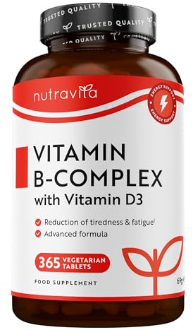 Vitamin B-Komplex - JAHRESVORRAT - Alle 8 B-Vitamine in 1 Tablette - Vitamin B1, B2, B3, B5, B6, B12, Biotin, Folsäure & Vitamin D3 - Premium: Mit aktiven Vitamin B-Formen - Hochdosiert