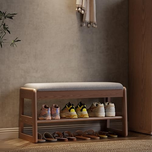 AQIMUELE Schuhregal Bank mit Kissen, 2 Ebenen, Schuhbank mit Klappdeckel, Schuhregal aus Holz für Eingang, Flur 80CM(Walnuss)