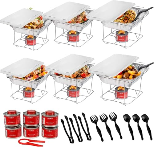 Alpha Living Einweg-Chafing Dish Buffet-Set, Speisenwärmer für Partys, 6-Stunden-Brennstoffdosen, komplettes Set, halbe Größe, Warmhalteschalen (6er-Pack)