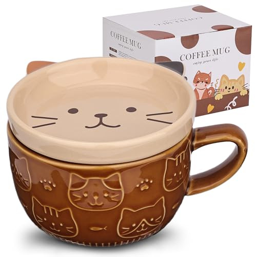 Beyinli Katzen Tasse mit Deckel Keramik Kaffee Teetasse Geschenk Braun | Katzenliebhaber Geschenk, lustige Neuheit Katze Frühstückstasse, für Frauen Freunde Kinder, Weihnachten Geburtstag, 300 ml