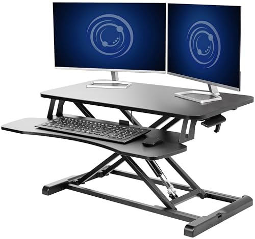 VIVO 32” Stehpult-Konverter mit höhenverstellbarem Aufsatz, Steh-Sitz-Arbeitsplatz für zwei Monitore und Laptop, mit breiter Tastaturablage, Schwarz, DESK-V000K