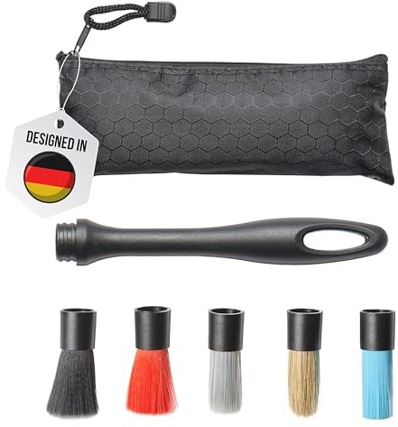 CARMODO® Detailing Pinsel - 5X Wechselbare Auto Pinsel Innenraum - Weich bis Hart - Inkl. Felgenpinsel Aufsatz - Reinigungspinsel für alle Oberflächen - Car Cleaning Kit mit praktischer Tasche