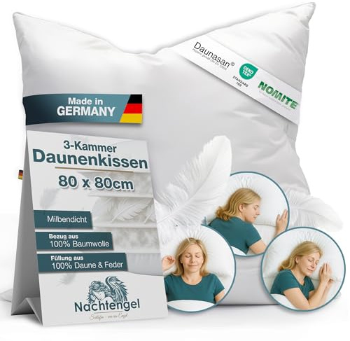 Nachtengel DAUNENKISSEN 80x80 – 3-Kammer Kopfkissen aus Daunen & Federn – Weiches Federkissen im Hotelstil, atmungsaktiv – Made in Germany – Medium, Füllgewicht 1300g