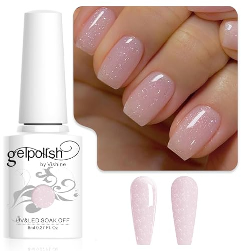 Vishine Semi-permanenter Gel-Nagellack Transparent Glitzer Rosa Nude, Jelly Milky Glitter Nagellack Soak-Off UV LED Nude Für Nagelstudio DIY Zuhause 8ml
