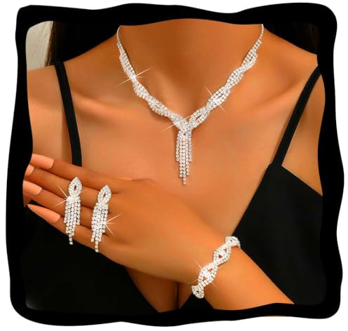 Fashband Silberne Braut-Halskette, Quaste, Ohrringe, Set, Brautschmuck, Hochzeit, Schmuck-Set, Strass, Abschlussball, Kostüm-Halsketten für Frauen