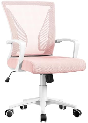 Yaheetech Bürostuhl Ergonomisch, Schreibtischstuhl mit Netzbespannung, Arbeitsstuhl mit Armlehnen, Chefsessel aus Mesh, höhenverstellbarer Computerstuhl 136 kg, atmungsaktiv, Wippfunktion Rosa