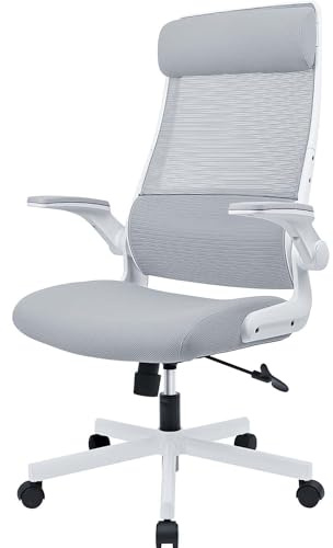 MELOKEA Bürostuhl Ergonomisch, Klappbare Armlehnen, EN 1335 Computerstuhl | Verstellbare Kopfstütze, Schreibtischstuhl aus Mesh, Breites Sitzkissen, Wippfunktion, Bürostuhl 200 KG, Desk Chair, Grau