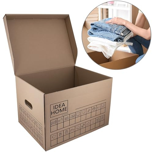 IDEA HOME 12er SET Umzugskartons Groß - Aufbewahrungsbox mit Deckel Pappe - Moving Boxes - Karton XXL mit Sehr Stabil Verpackungskarton mit einer Tragkraft von 30 kg: 431x333x294mm, Braun