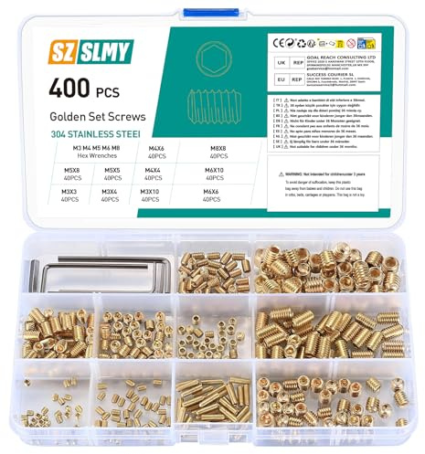 400 Stk Madenschrauben Set, M3/M4/M5/M6/M8 Gewindestifte Sortiment Kit, Sechskantkopf Schrauben für Türgriff Türklinke Halterung Innensechskant Madenschrauben, mit Sechskantschlüssel, Gold (400)