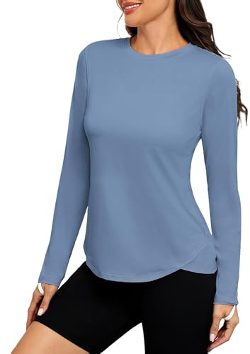 PINSPARK UV Shirt Damen Sonnenschutz Sportshirt Sommer UPF 50+ Sport Shirt Leicht Schnelltrocknend Laufshirt Yoga Langarmshirt Atmungsaktiv Langarm Rashguard Funktionsshirt Oasis Blau M