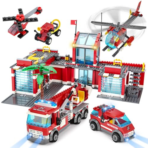 YOOHBERRYS City Feuerwehr Bausteine, 827 Teile Feuerwehrstation Set Kinder, Feuerwehrauto LKW Helicopter Spielzeugset Krankenwagen Feuerwehr Spielzeug Geschenk für Kinder Jungen Mädchen 8+ Jahren