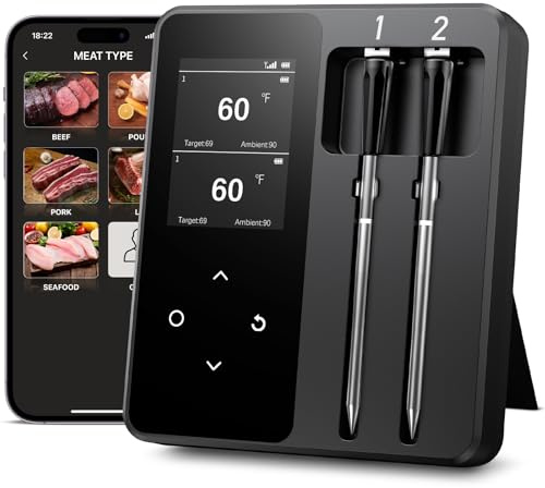 Fleischthermometer Kabelloses mit 2 Sonden, Große LCD-Display, 130m Bluetooth Bratenthermometer mit Smart APP, Grillthermometer für BBQ, Ofen, Grill, Smoker, Bratpfanne, Airfryer, IP67 Wasserdicht