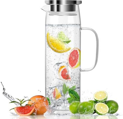 Glaskaraffe mit Deckel 1.5 Liter, Wasserkaraffe aus Borosilikatglas, Wasserkrug Glas Hitzebeständig für kaltes oder heißes Wasser, Glaskanne für DIY Getränke, Saft, Tee, Milch, Glaskrug Karaffe