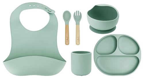 MoMi Kindergeschirr mit Essbesteck AMI, 6-teiliges Set: Lätzchen, Löffel, Gabel, Teller, Schüssel 360 ml, Becher 180 ml, aus Silikon, spülmaschinenfest und mikrowellengeeignet