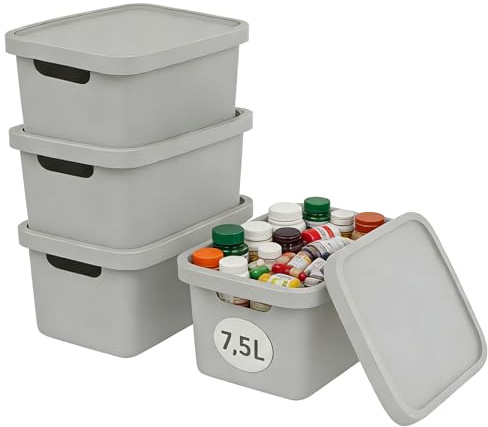 Plastard Aufbewahrungsboxen mit Deckel 7,5 L, 4er-Set, Grau, BPA-frei, Stapelbar, Ordnungsbox für Küche, Bad, Büro, Kinderzimmer, Regale – Robuste Kunststoffbox, Kleiderbox