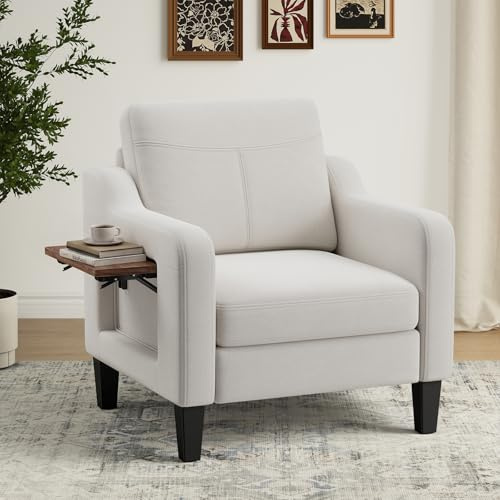 MALOL Sessel Wohnzimmer, Ohrensessel Wohnzimmer mit Ausklappbarer Holzseitentisch, Polstersessel mit Armlehnen Einzelsofa, Relaxsessel，Lesesessel für Wohnzimmer Büro Schlafzimmer, Beige