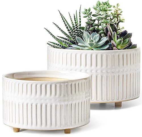 LE TAUCI Sukkulenten Topf, 16,5+20 cm Keramik Blumentopf für den Innenbereich mit Entwässerungslöchern, Moderner Zylindrischer Dekorativer Blumentopf, Geschenke für Mama, 2er-Set, Reaktive Glasur Weiß