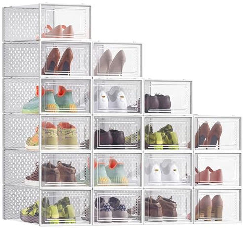 SONGMICS Schuhboxen, 18er Set, Schuh-Organizer aus Kunststoff, faltbar und stapelbar, für Schuhe bis Größe 44, transparent-weiß LSP18SWT