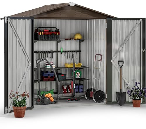 YITAHOME Gartenhaus, abschließbar, verzinktes Metall, Outdoor-Schuppen, wasserdicht, mit 4 Lüftungsschlitzen für Fahrrad, Werkzeug, Rasenmäher, Braun, 171 x 98 x 184 cm
