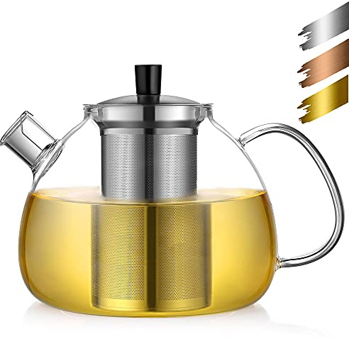 ecooe Teekanne aus Glas mit Teesieb 1500 ml, hitzebeständige Teekanne aus klarem Glas mit herausnehmbarem Edelstahl-Teesieb, für schwarzen Tee, Grüntee, duftenden Früchtetee