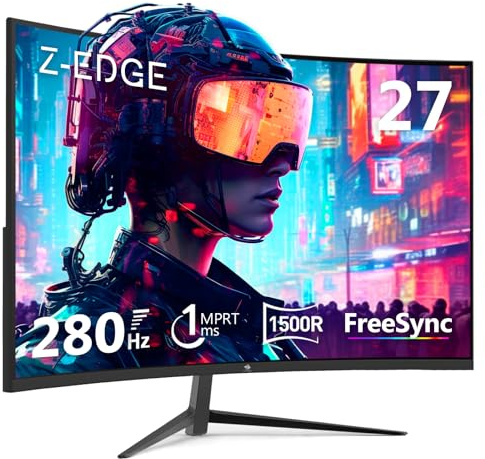 Z-Edge 27 Zoll Curved Gaming Monitor 280Hz (DP) 240Hz (HDMI) 1ms MPRT Full HD LED Monitor, 350cd/m² Helligkeit, 16:9 Curved Bildschirm, FreeSync, HDMI 2.0 & DisplayPort 1.2 - Schwarz