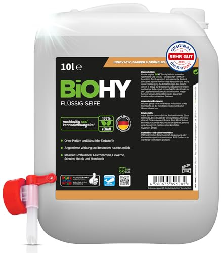 BiOHY Flüssigseife Nachfüllpack Handseife phosphatfrei (10 Liter Kanister) | Hautschonend und rückfettend, ohne Parfüm und Farbstoffe, für Spender in Spülküche, Werkstatt und Sanitärbereich