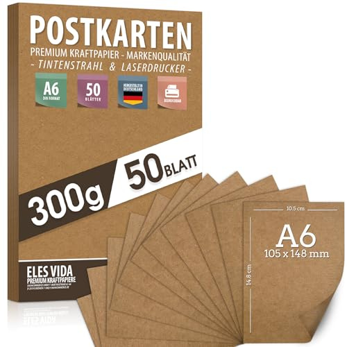 Blanko Postkarten Kraftpapier zum Selbstgestalten DIN A6 Set - 300g - 10,5 x 14,8 cm Naturkarton Pappe Blätter aus Kraftkarton zum Drucken, Kartonpapier Basteln für Hochzeit Geschenke Etiketten 50 Stk