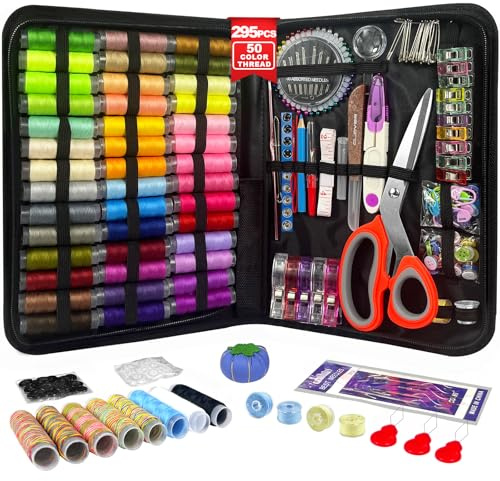 Nähset für Erwachsene, 50 Farbe Faden Kit, 295PCS Professionelle Nähbarungen, Enthält Faden, Ergonomische Schere, Nadeln und mehr, Mini Nähset für Anfänger, Reisen, Zuhause, Schule und DIY Geschenk