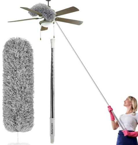 Staubwedel Teleskop Waschbar, Extra lang 254cm, Staubwedel Lang Ausziehbar, Mikrofasern Staubwischer Staubbesen mit Verbiegbare Eckbesen, Entfernt Mühelos Staub und Spinnweben Grau
