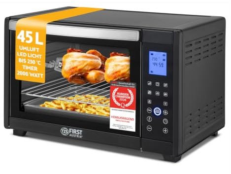 TZS First Austria - Minibackofen Digital 45L 2000W - Premium-X Coating, Temperaturregelung bis 230°C & 4 Ebenen– Miniofen 180 Min. Timer & 8 Modi – inkl. Drehspieß – Für kleine Küchen & Camping