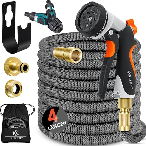 KESSER® flexibler Gartenschlauch 22,5 m, dehnbarer Flexischlauch, Wasserschlauch mit 3-fach Latexkern, 8 Modi Sprühpistole, Messing Anschlüsse + Wandhalterung, 1/2 & 3/4 Adapter & Tasche, Anthrazit